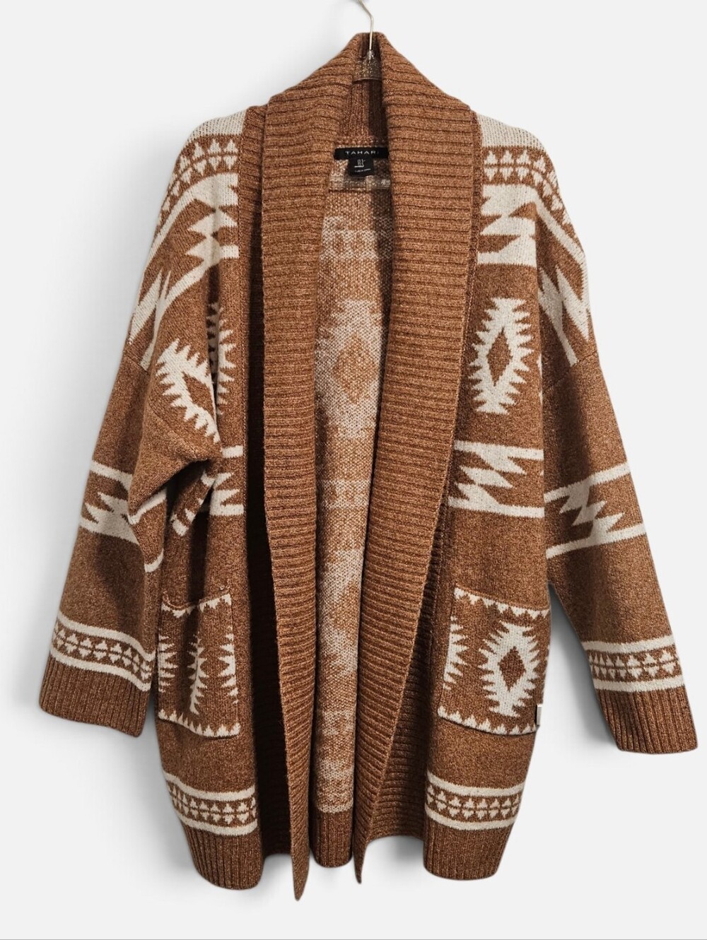 Tahari Brown Aztec Geometric Open Western Cardigan Sweater Women's Small